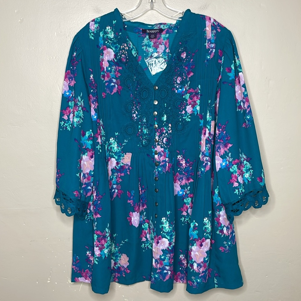 ROMAN’S Tunic Button Front Blouse Teal Floral Embroidery Lace Pin Tuck Pleats